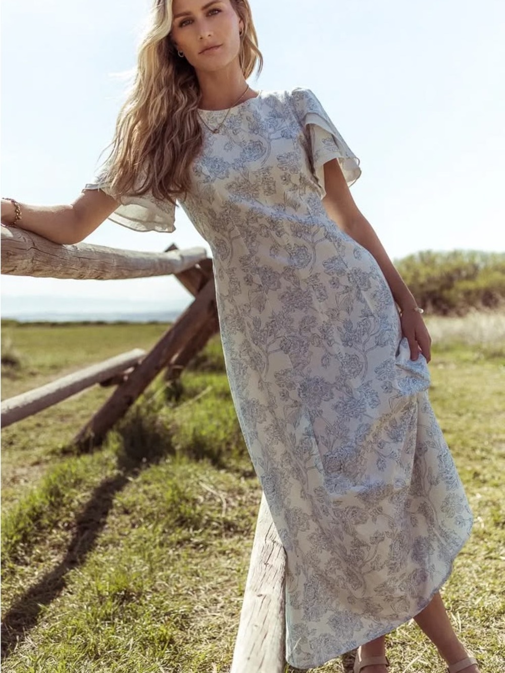 bohme Light Blue Floral Maxi Dress with ivory lining